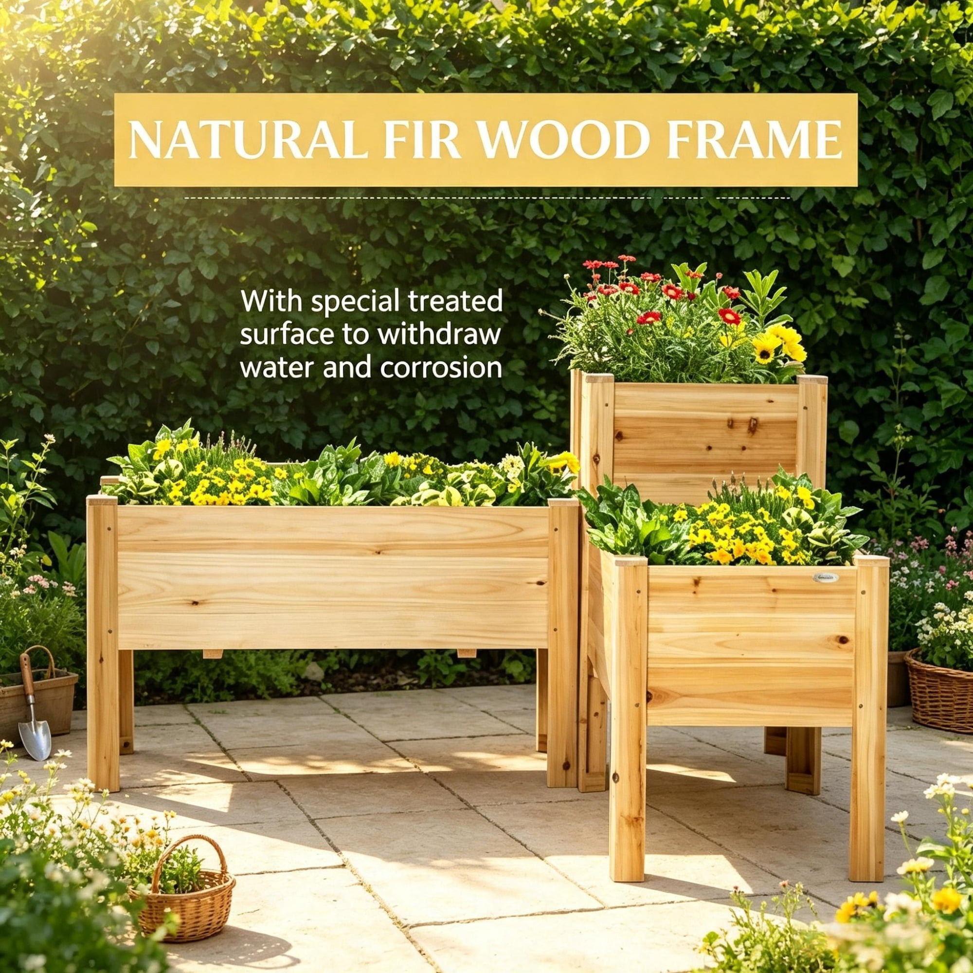 Set of 3 Wooden Elevated Planter Boxes with Legs & Liner for Vegetables, Herbs & Flowers