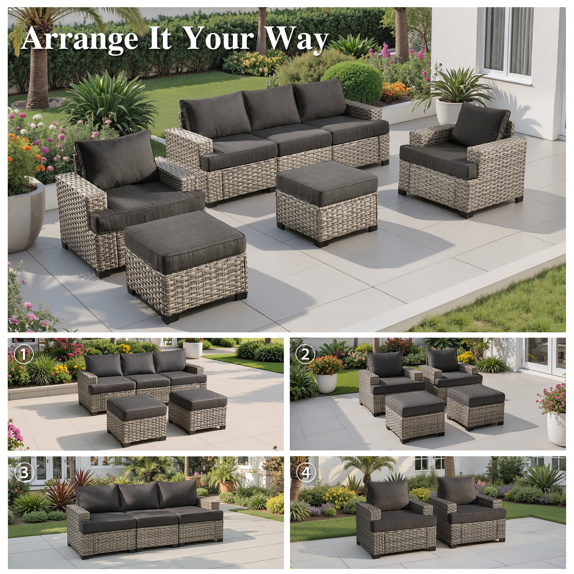 Ovios 7 Pieces Outdoor Patio Furniture Set All-Weather Rattan Wicker Sectional Sofa and Chairs with Ottomans, Black