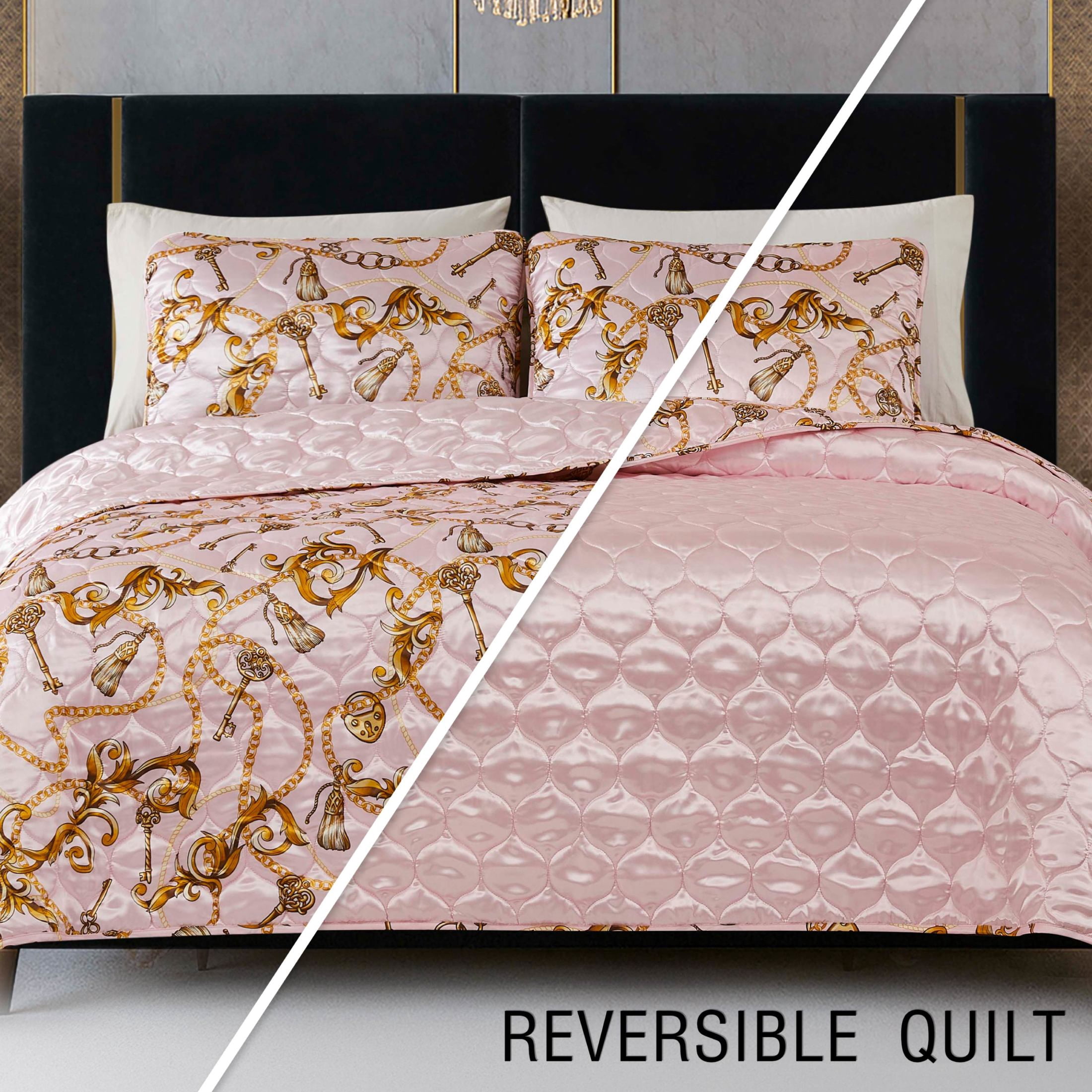 Baby Phat Printed Satin Chain Light Pink 3-Piece Quilt Set, Full/Queen