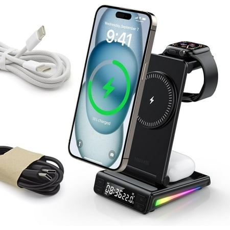 5 in 1 Magnetic Wireless Charging Station with LED Clock, Temperature & Night Light, Foldable Charger Stand for iPhone Samsung Phones Watches Earbuds, Portable Multi-Device Dock(Black),Black,A
