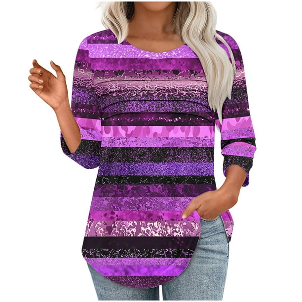 Heisall Women's T-Shirts Casual Abstract Striped Print Round Neck Three-Quarter Sleeve Loose Pullover 2025 New Arrival Fashionable Tops