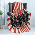 thumbnail image 4 of Japanese Soft Flannel Fleece Blanket, Group of Samurai Ninja Posing and Getting Ready on Unusual Striped Retro Backdrop, Cozy Plush for Indoor and Outdoor Use, 70" x 90", Red Black, by Ambesonne, 4 of 5
