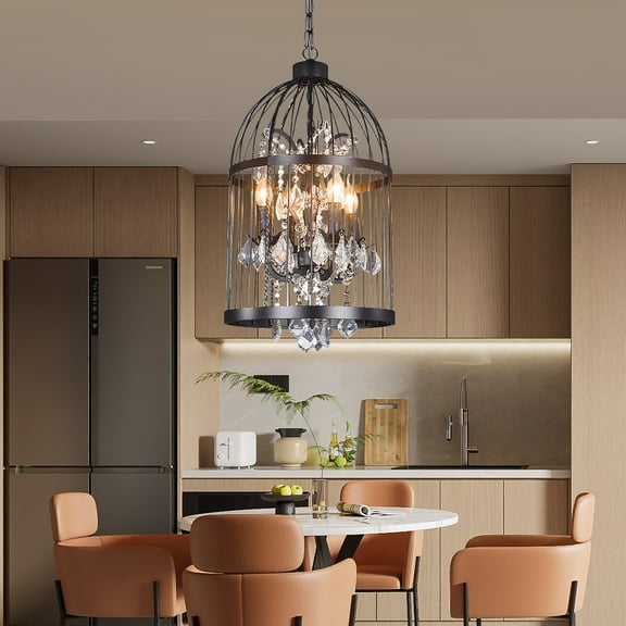 GMizon 14-inch Vintage American Birdcage Crystal Chandelier, Adjustable 4 Lights Living Room Chandelier, Dining Room Study Lighting Fixture (Black)