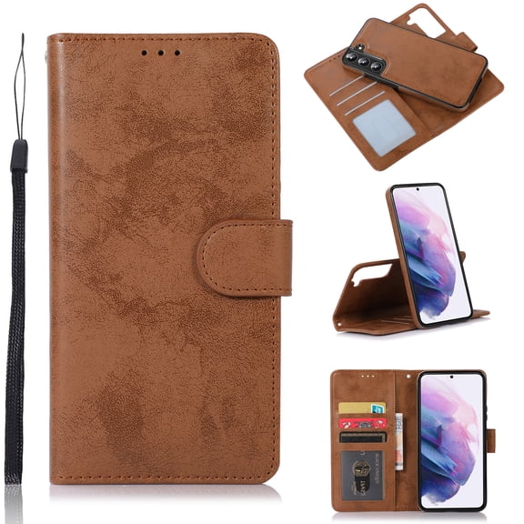 Allytech Wallet Case for Samsung Galaxy S22 5G (6.1 inch) 2022 Model, Detachable Bumper PU Leather Shockproof Slim Stand Card Slots Case with Hand Strap for Samsung S22, Brown