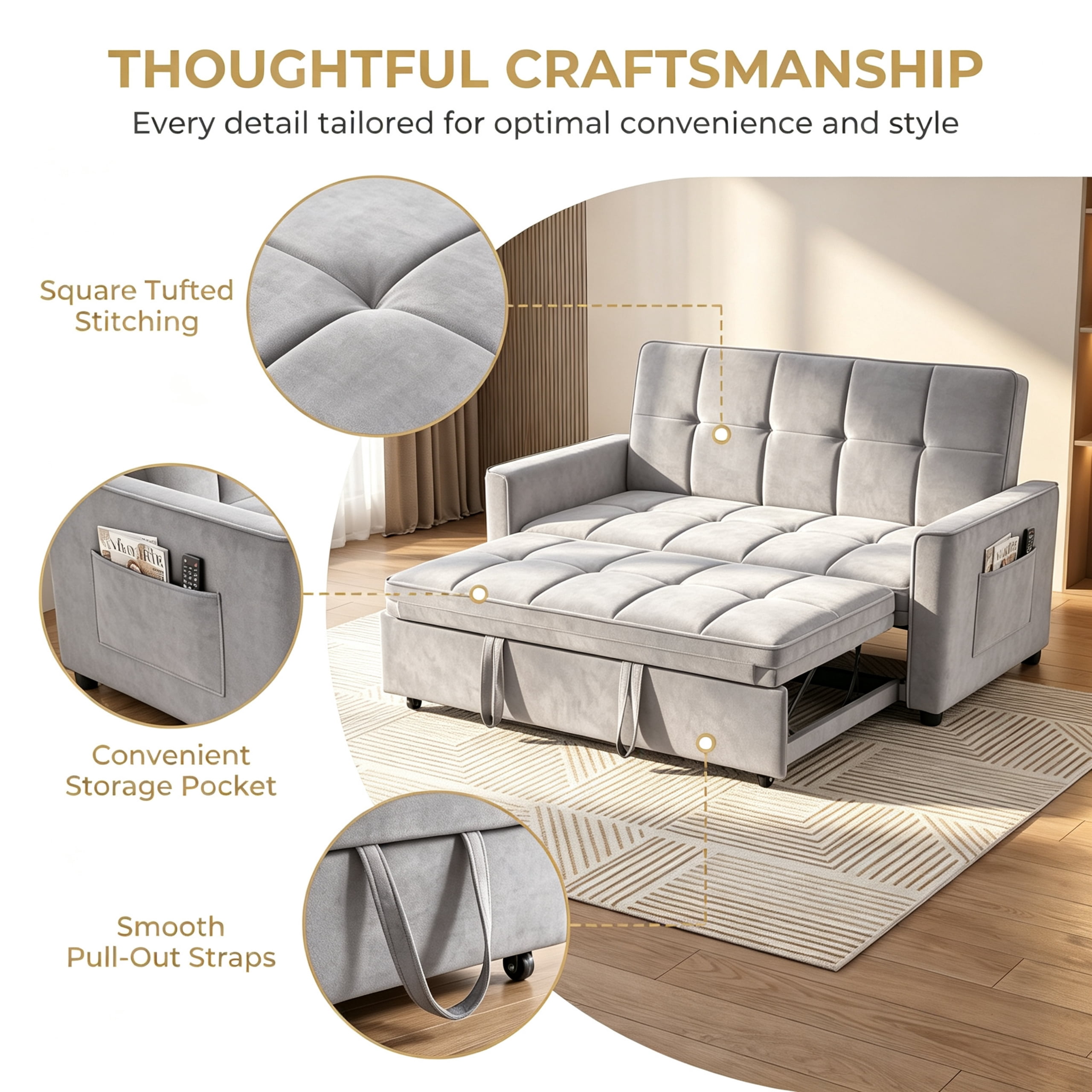54" Convertible Sleeper Sofa Bed, Modern Velvet 3-in-1 Pull Out Loveseat Couch with 5-Position Backrest & Side Storage Pocket for Living Room, Light Gray