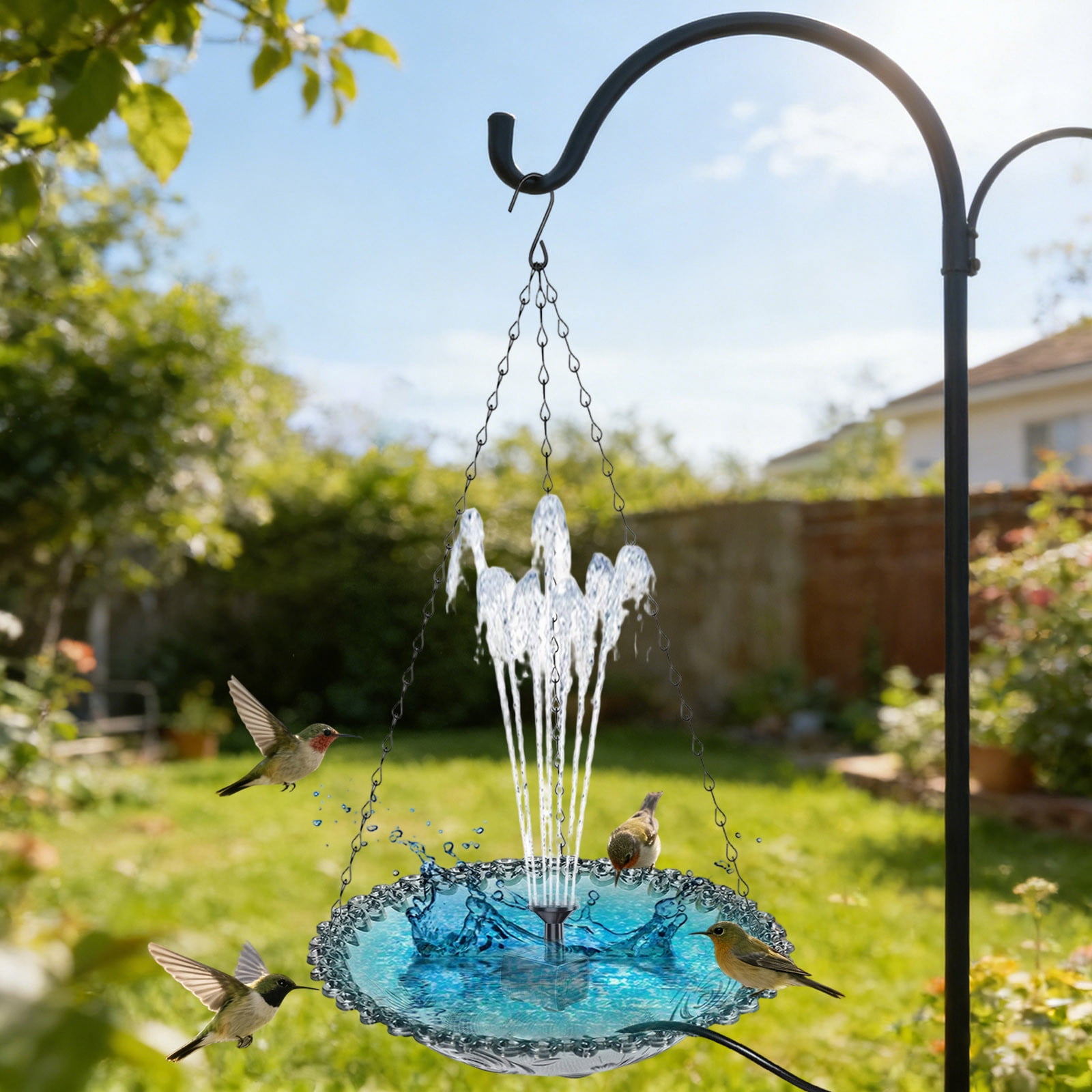 Coollooc Solar Powered Hanging Feeder Birdbath, 9x18 Inch Outdoor Hanging Bird Bath with Solar Fountain, Large Humming Birds Baths Fountains, with Solars Pump & Glass Bowl, for Gardens(1-Gray)