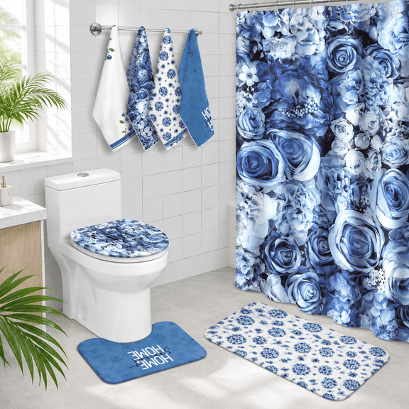 Blue Rose Floral 7-Piece Bathroom Linen & Accessory Set with Rug and Towels