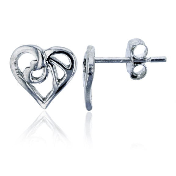 Decadence Sterling Silver Rhodium Polished Filigree 8mm Heart Stud Earring