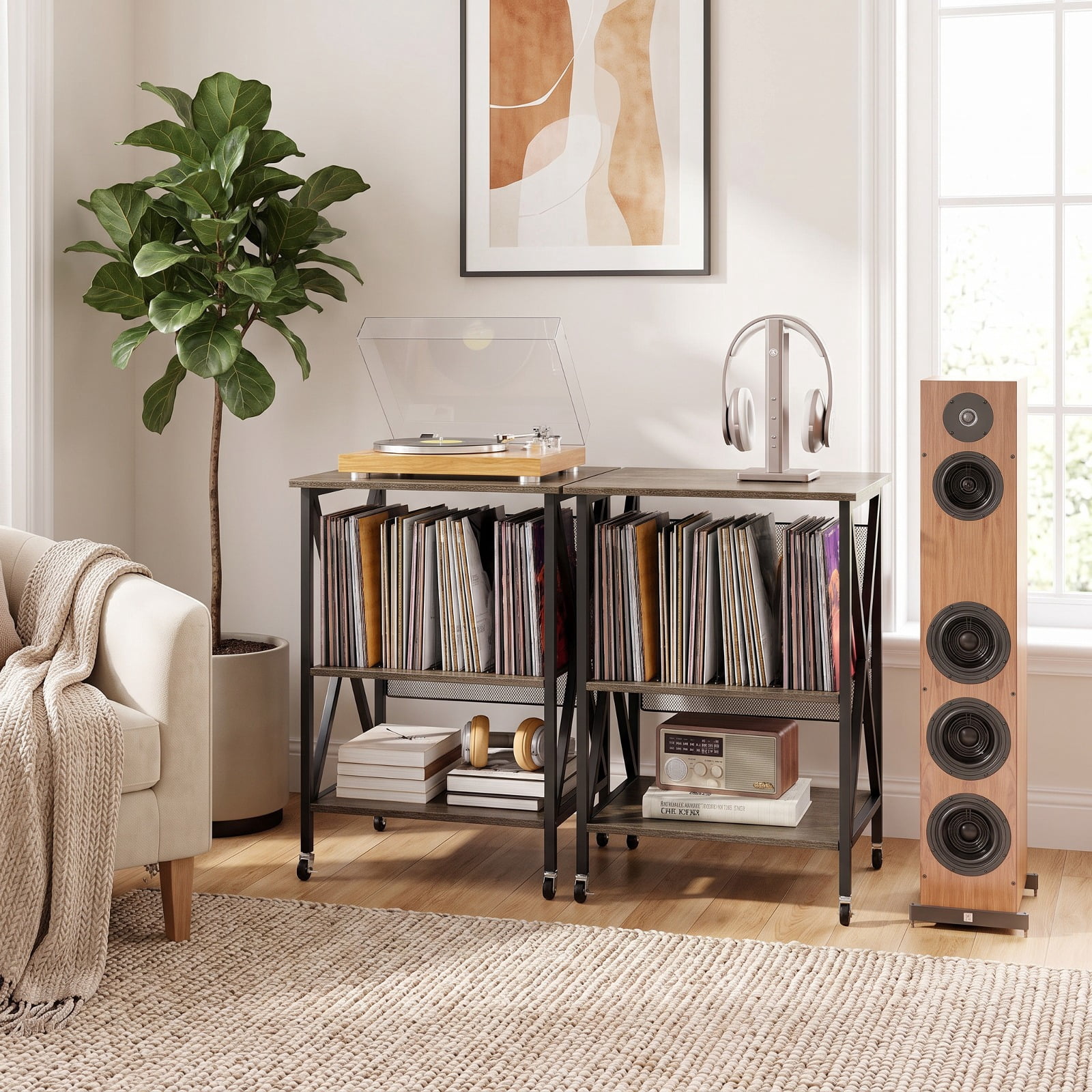 Furnibear Mid Century Record Player Stand with Built in Charging Station AC Outlets USB Ports and Removable Dividers for Living Room, Gray