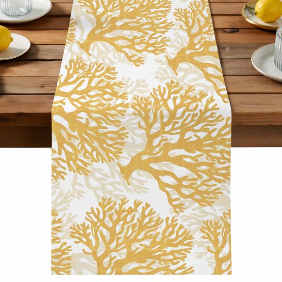 Table Runner Yellow Coastal Coral Table Runners Ocean Marine Life Seaweed Cotton Linen Dresser Scarf Kitchen Dining Table Decor for Holiday Party Decor 13x72 Inch