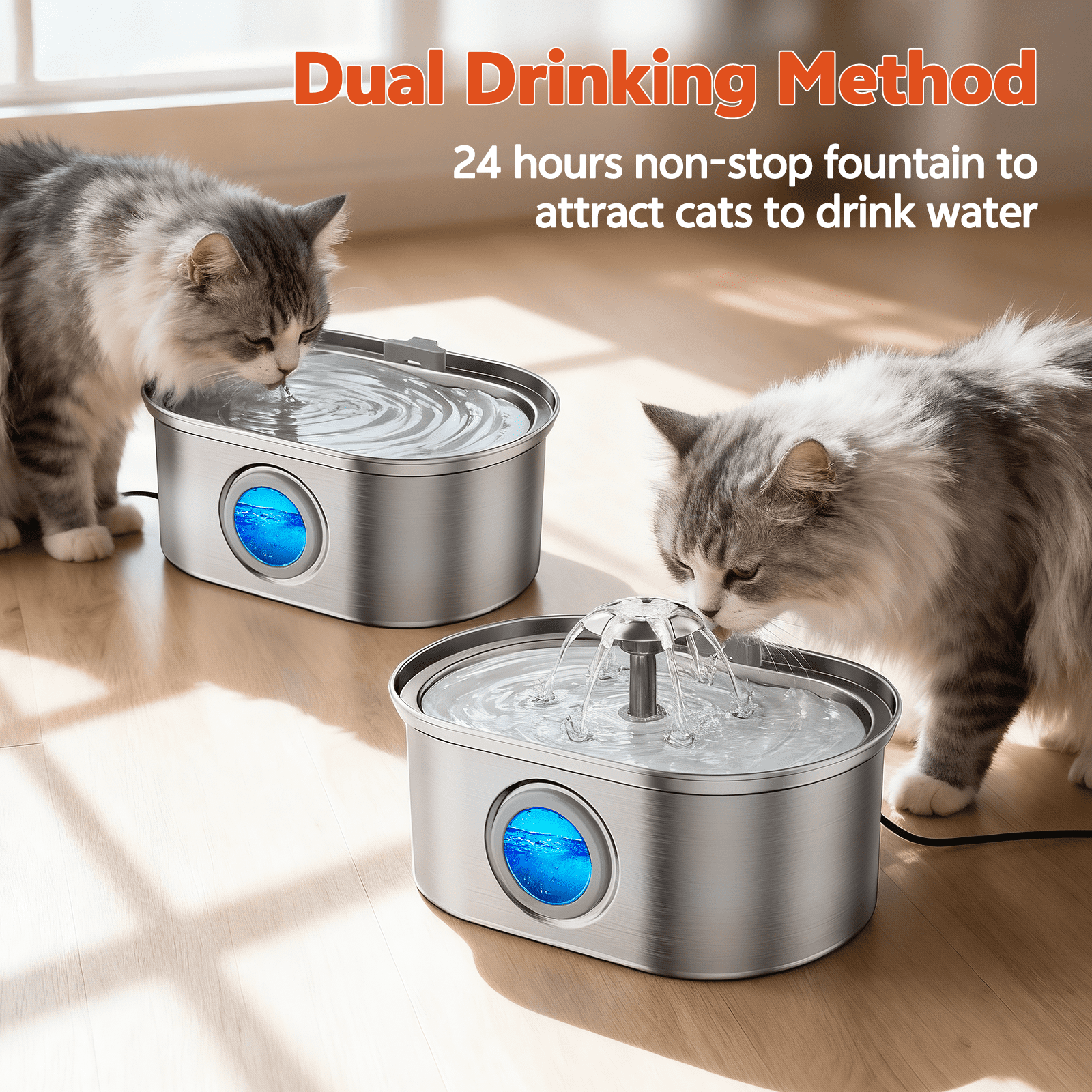 Cat Water Fountain Stainless Steel, YUWENUS 108oz/3.2L Pet Fountain with Water Level Window,Automatic Water Dispenser for Cats and Dogs, Electric Drinking Bowl Suitable for Multiple Pets, Silver