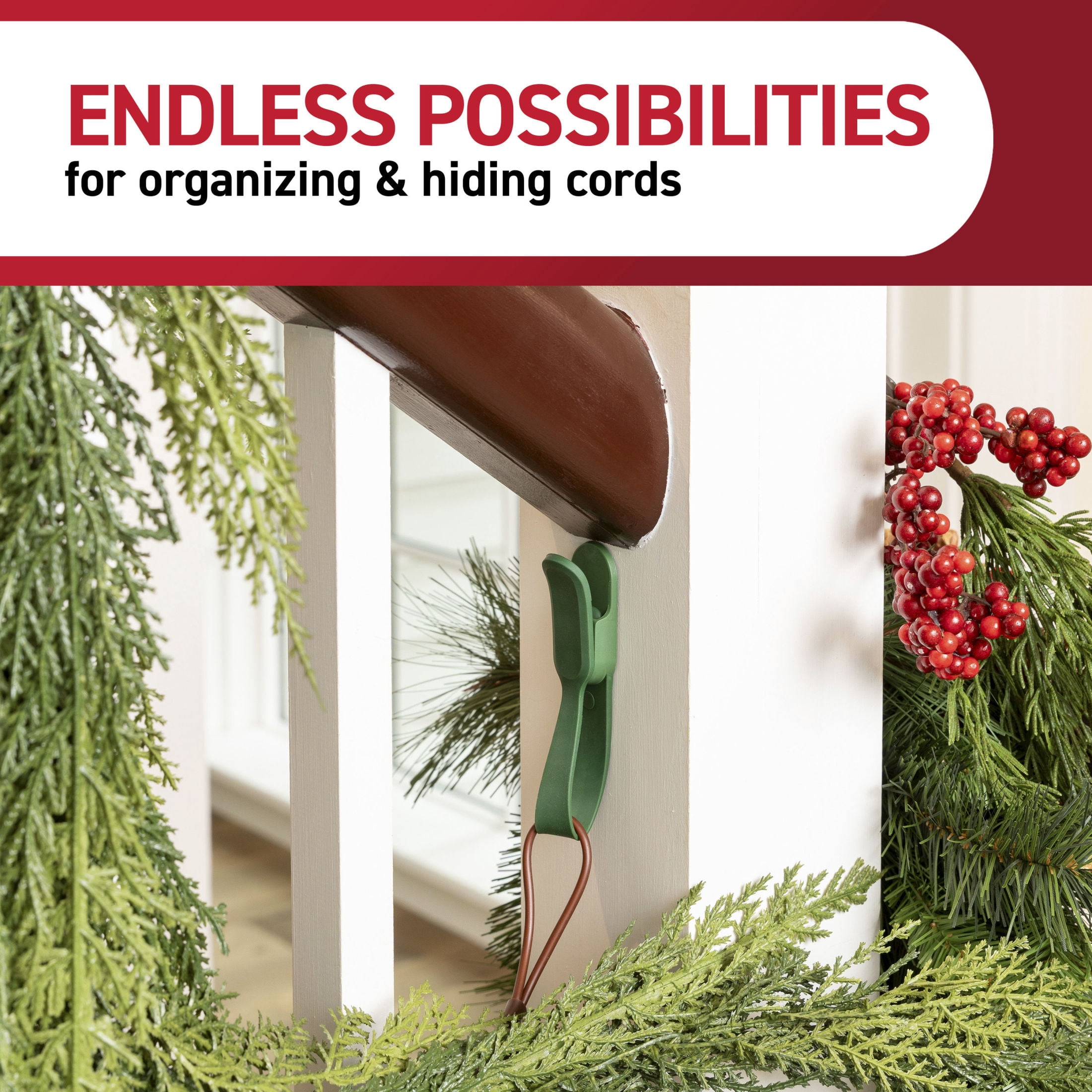 Command Garland Holders, Holds 2 lbs, Green, Holiday Décor, Wreaths, Damage-Free, 6 Hooks, 12 Adhesive Strips
