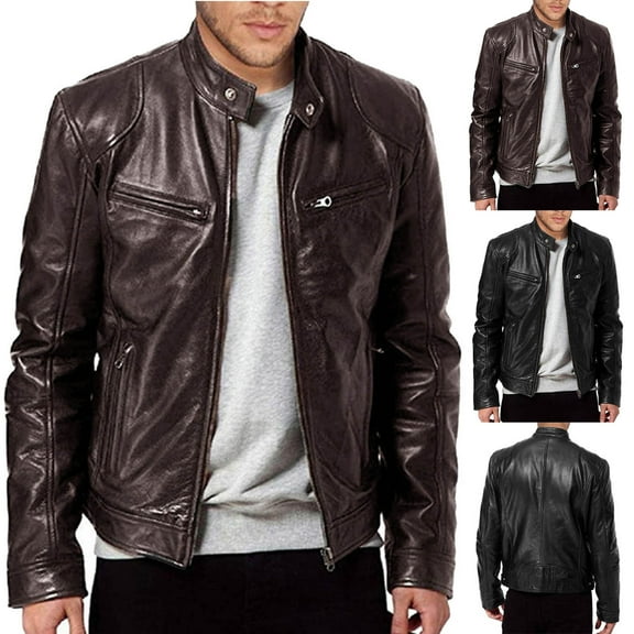 FRSASU Men's Faux Leather Jacket Motorcycle Jacket Waterproof Windproof PU Lightweight Outerwear Biker Moto Vintage Bomber Zip up Stand up Collar Leather jacket Brown
