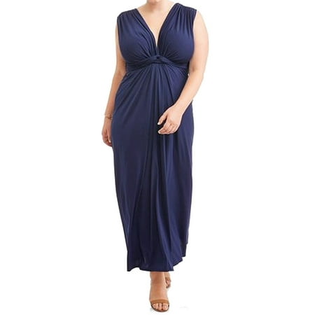 - Women's Plus Sleeveless Knot Front Plunge Neck Maxi Dress