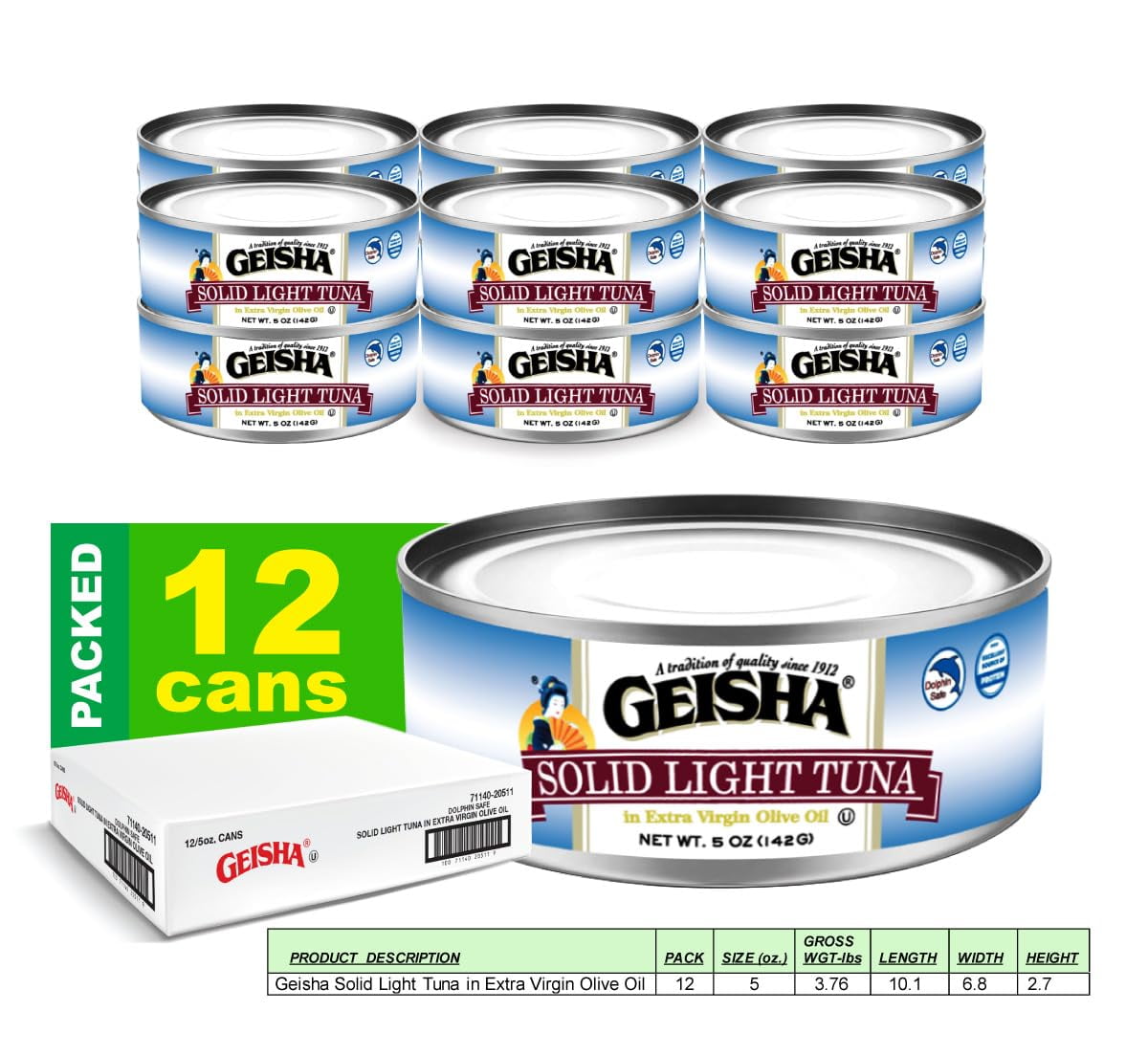 GEISHA Solid Light Tuna in Extra Virgin Olive Oil 5.00oz(Pack of 12), Tuna | Zero Trans Fat - No Sugar Added – Excellent Source of Protein(52% DV per serving) – Dolphin Safe – Extra Virgin Olive Oil