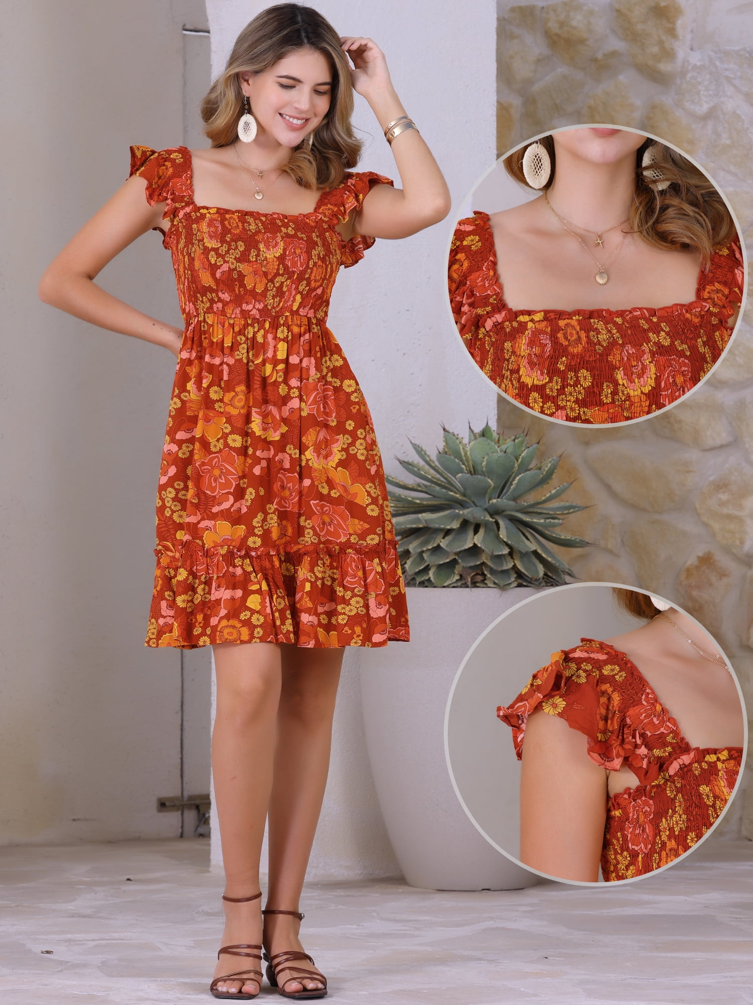 DARING DIVA Floral Smocked Sleeveless Square Neck Ruffled Dress S Red Orange