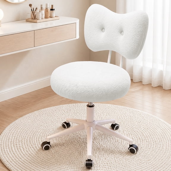 COOLHUT Vanity Chair with Bow Back, Teddy Fabric Makeup Chair, Girls Desk Chair, Vanity Stool Rolling Chair for Kawaii Bedroom, Study Room, Beige