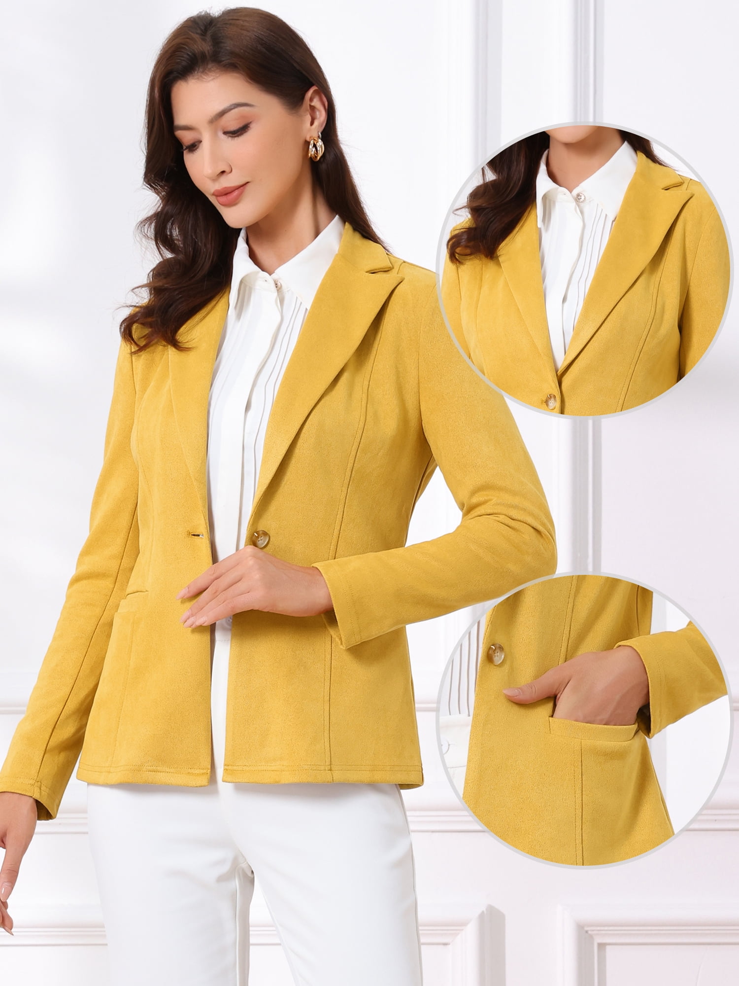 DARING DIVA Women's Faux Suede Lapel Collar Long Sleeve Work Jacket XL Yellow