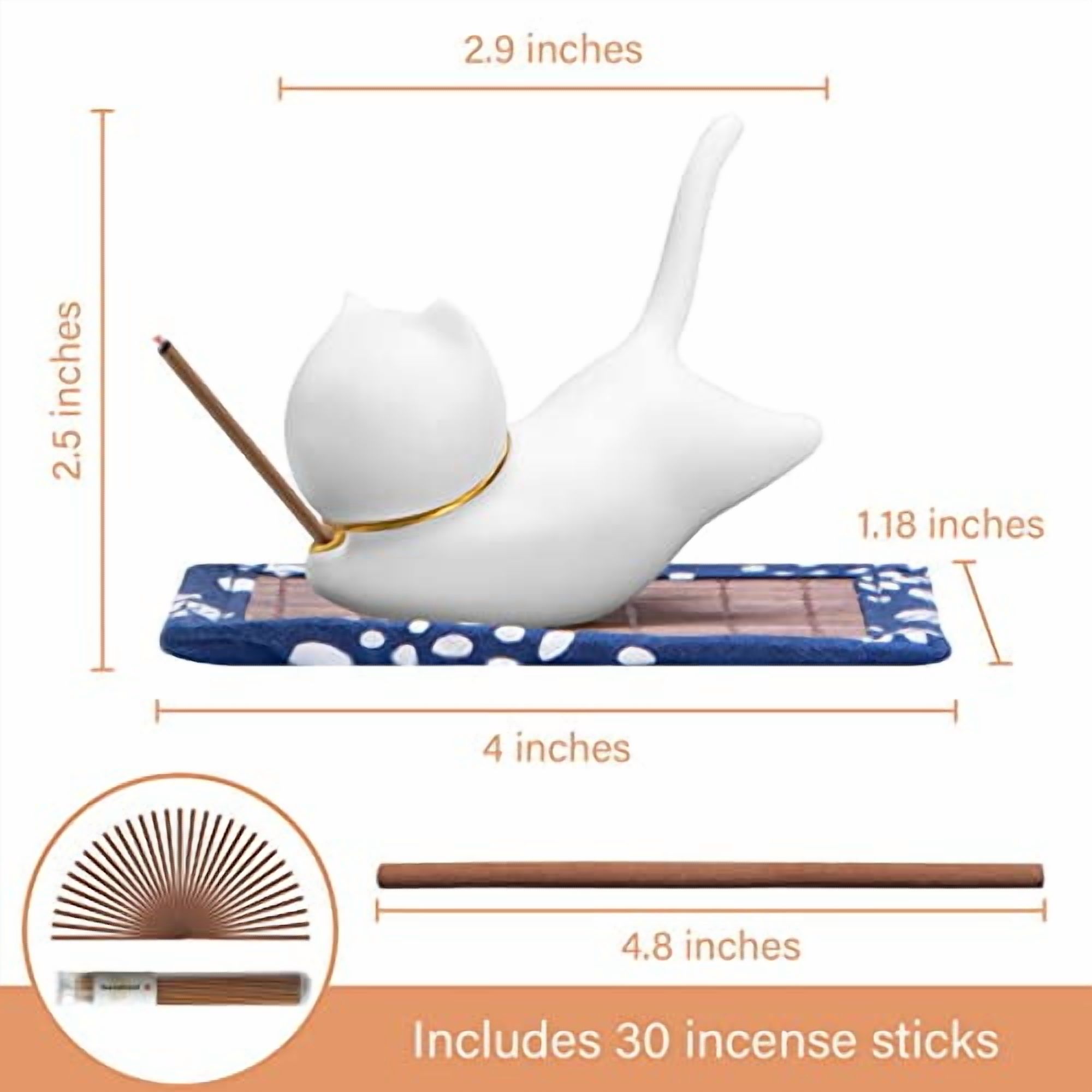 Incense Holder Handmade Ceramic Incense Burner with 30 Sandalwood Insence-Stick Holder with Bamboo Mat, Cute Cat Decor Incense Holder for Sticks for Aromatherapy/Yoga/Meditation/Ho