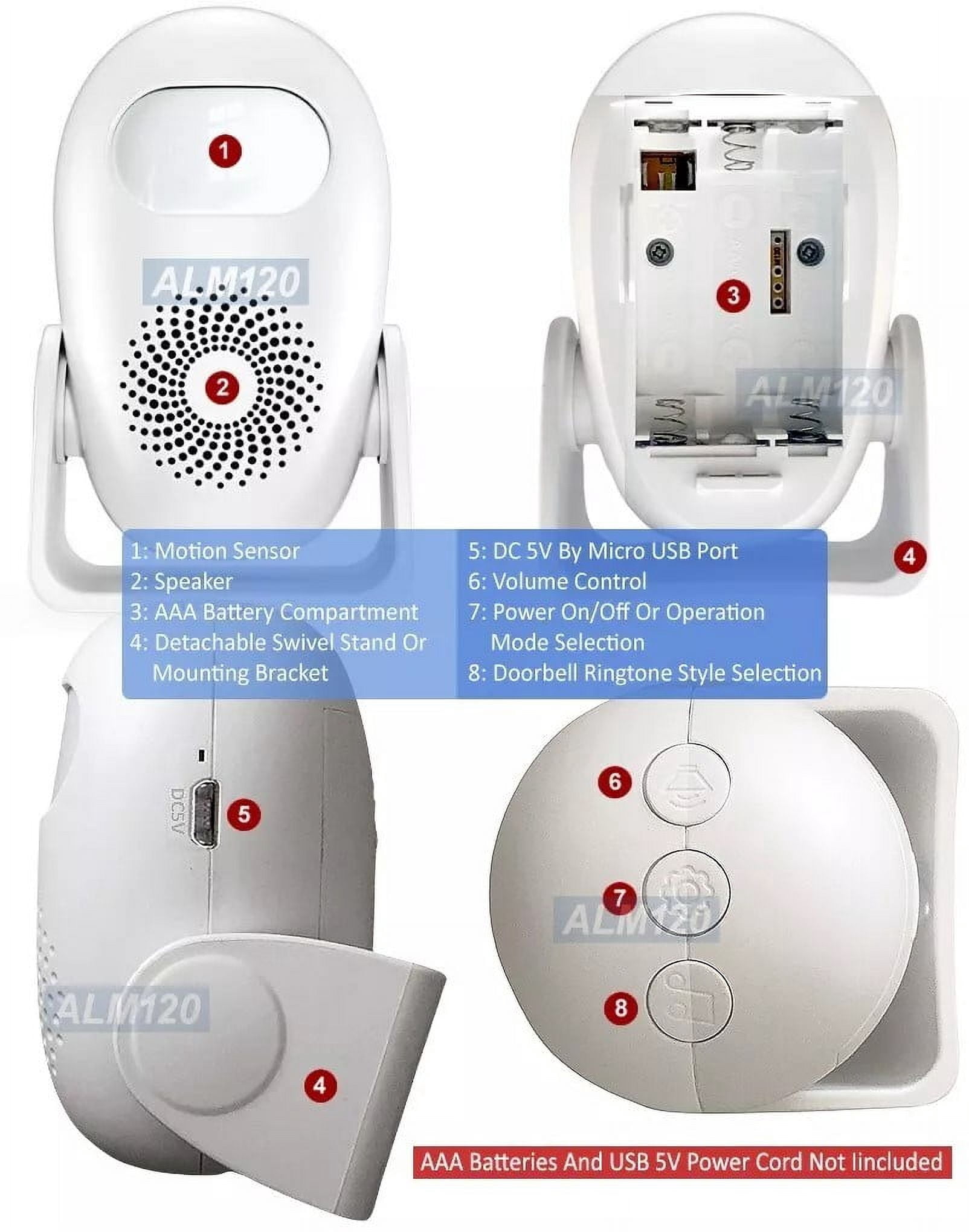 Portable Motion Sensor Alarm Entrance Alert Chime With 125dB Siren Sound And IR Remote