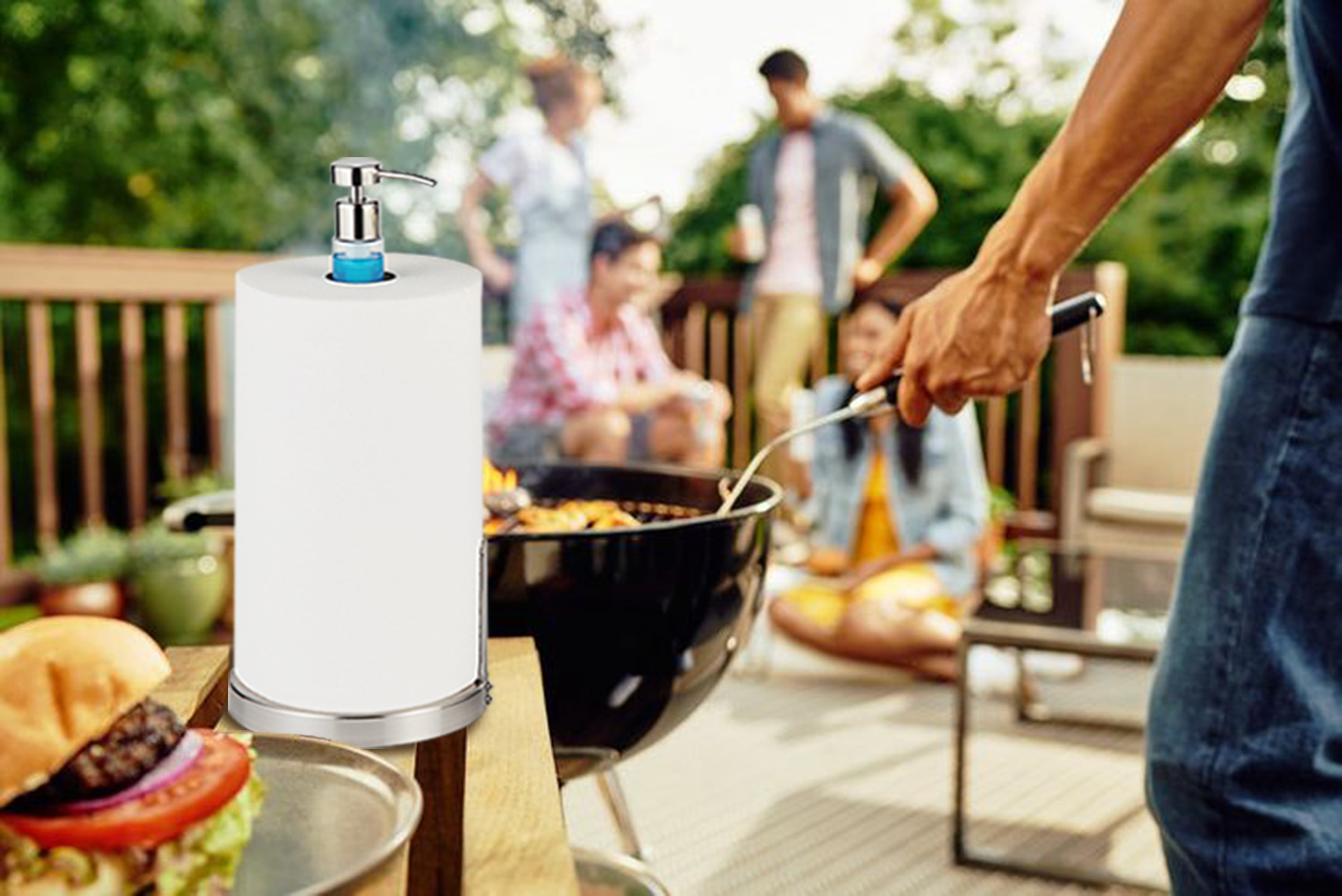 SunnyPoint Heavy Weighted Paper Towel Holder Stand with Built-in Pump Bottle – Satin Nickel