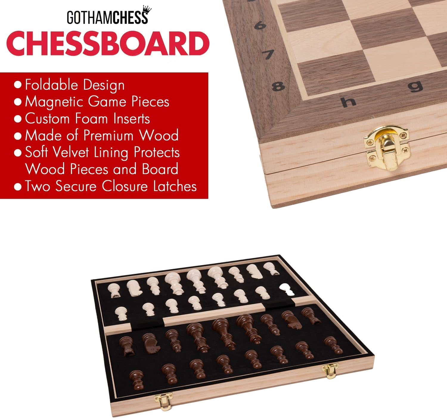 GothamChess, Chess Game board , Premium Wooden Finish Folding Board with Magnetic Pieces, Brown