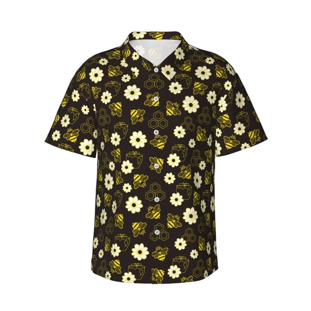 Balery Honey Bees With Flowers Camisas hawaianas de manga corta para hombre, camisas playeras de corte holgado, camisas de vacaciones con botones,3X-Large