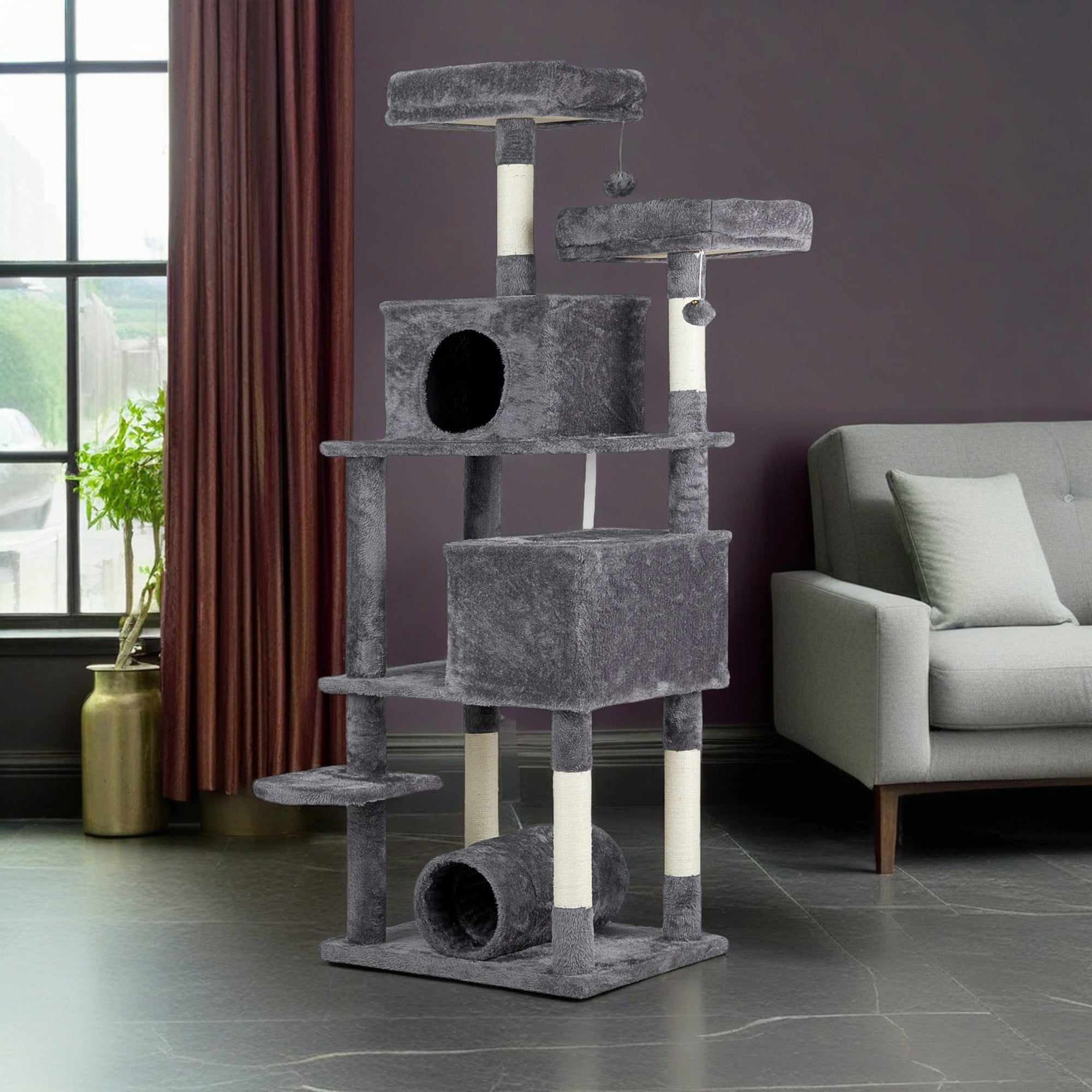 Kadyn 65" Large Cat Tree Tower, Cat Tree House for Indoor Cats with Padded Platform Bed, Toy Balls, Cozy Condo and Sisal Scratching Posts, Gray