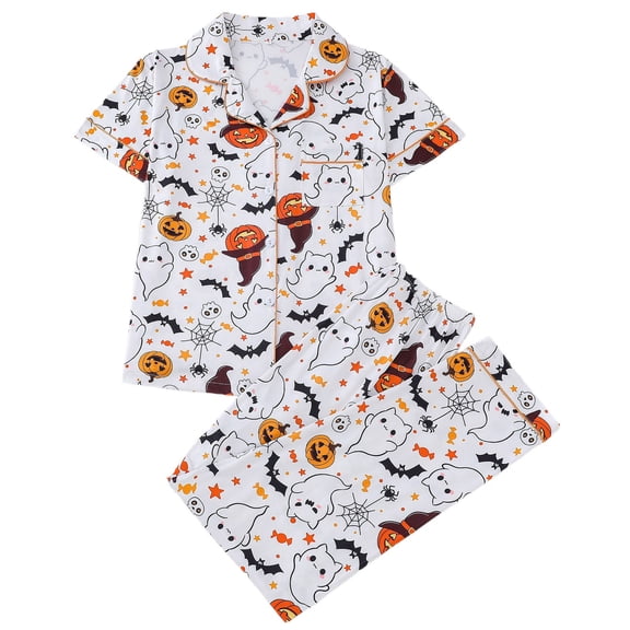 Womens Pajama Set Halloween Print Lapel Collar Short Sleeve Long Pants Comfortable Sleepwear Loungewear