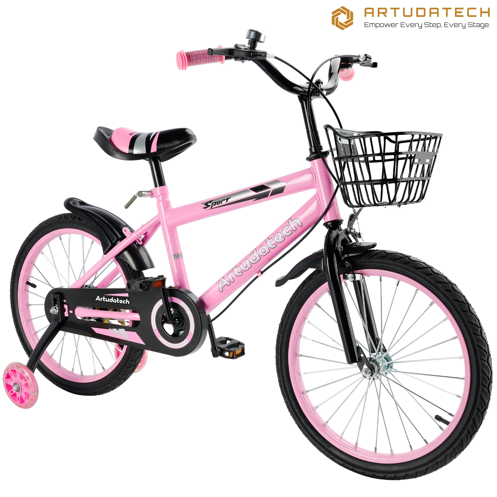 ARTUDATECH 14/16/18 Inch Kids Bike for Ages 3-10 Years Old Boys Girls, Kid's Bikes with Training Wheels, Basket, Dual Brake, Children Bicycle for Kids and Toddler Beginners, Pink/Red