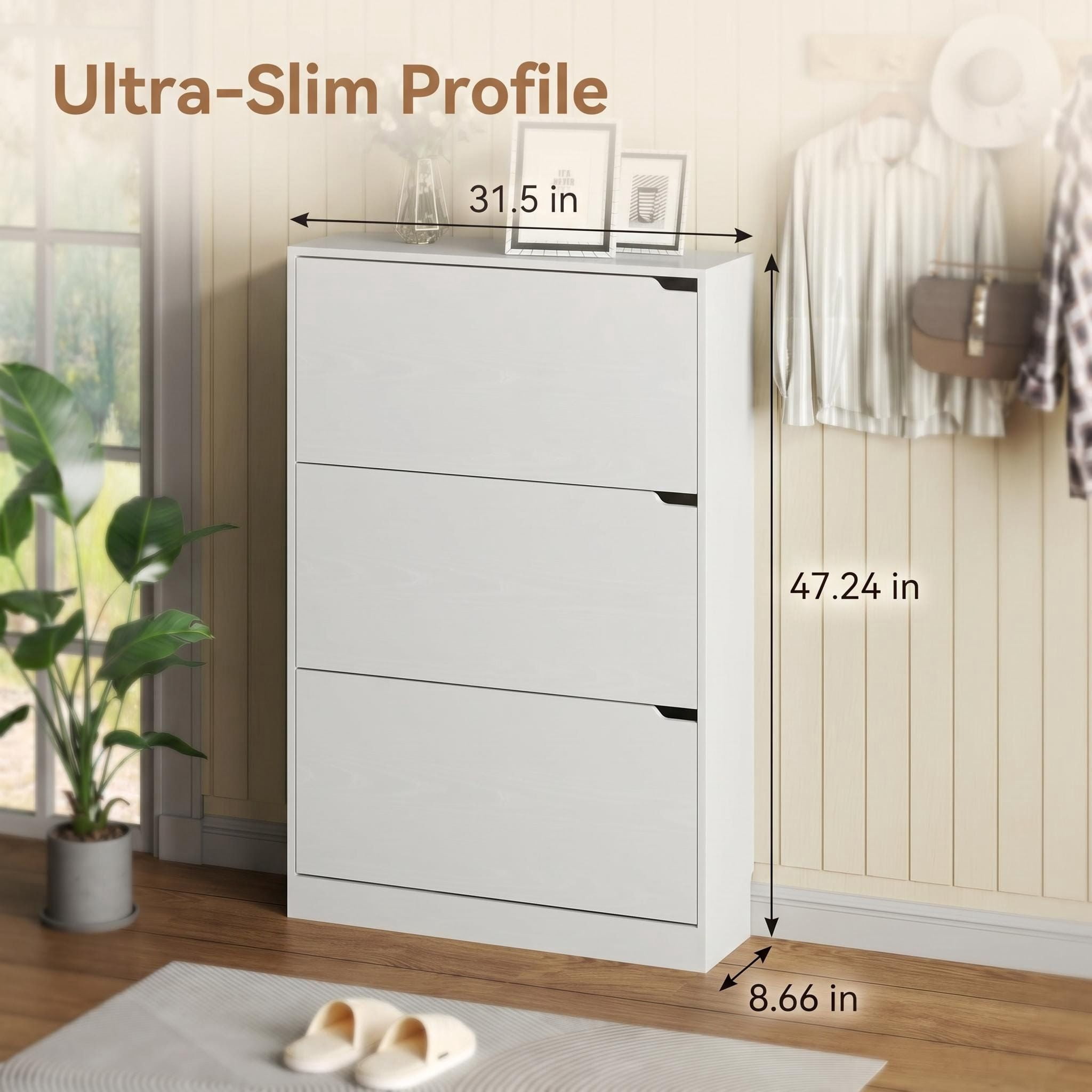 Slim 8.66 Inch Depth Shoe Storage Cabinet, Matte White 3 Flip Drawers Shoe Organizer with Adjustable Shelves Anti-Tip Kit for Entryway Small Apartment Hallway