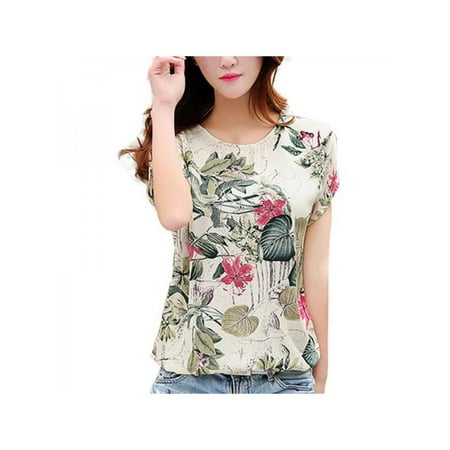 Floral Print Knot Topumt Summer Women Blouses Elegant Shirts Floral Print Slim Fashion Short Sleeve Tops ()