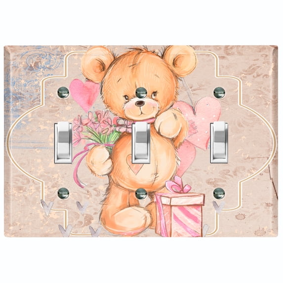 Metal Light Switch Wall Plate Outlet Cover (Teddy Bear Love Heart Flower Bouquet Balloon Present Tan - Triple Toggle)