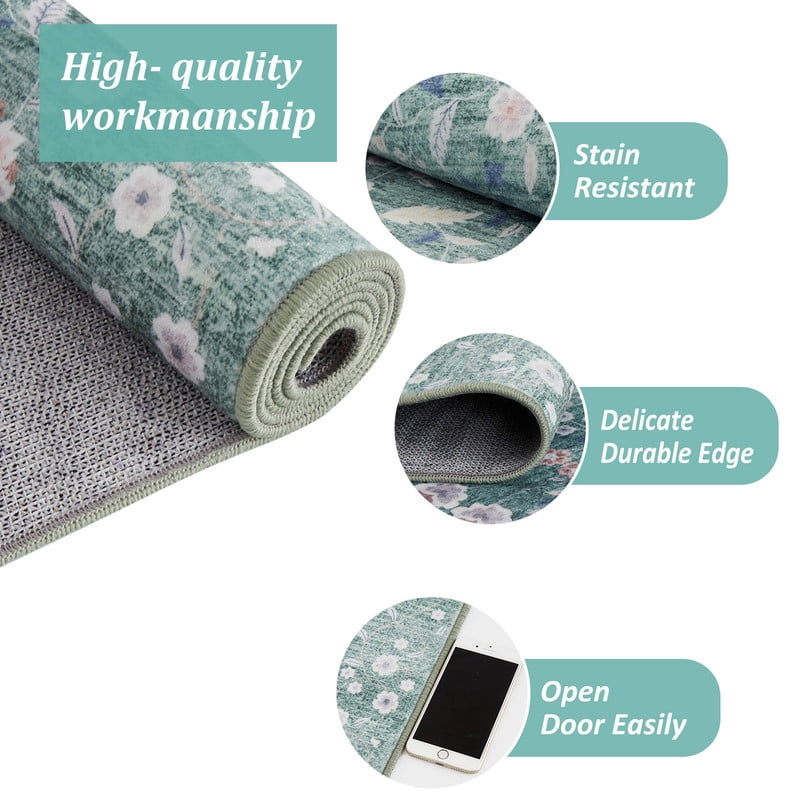 Area Rugs 9'x12' Washable Floral Rugs for Living Room Non Slip Low Pile Carpet for Office Bedroom Kids Room Bedside Green
