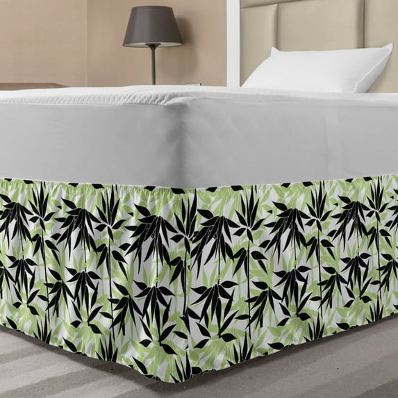 Asian Bed Skirt, Silhouettes of Eastern Bamboo Leaves Classic Chinese Nature Romantic, Elastic Bedskirt Dust Ruffle Wrap Around for Bedding Decor, 4 Sizes, Pale Green White, by Ambesonne