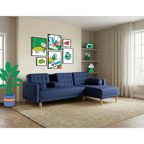 Sala Modular Reversible Makora Tyson Con Memory Foam, Color Azul, Lino Respaldo Reclinable De 3 posiciones.