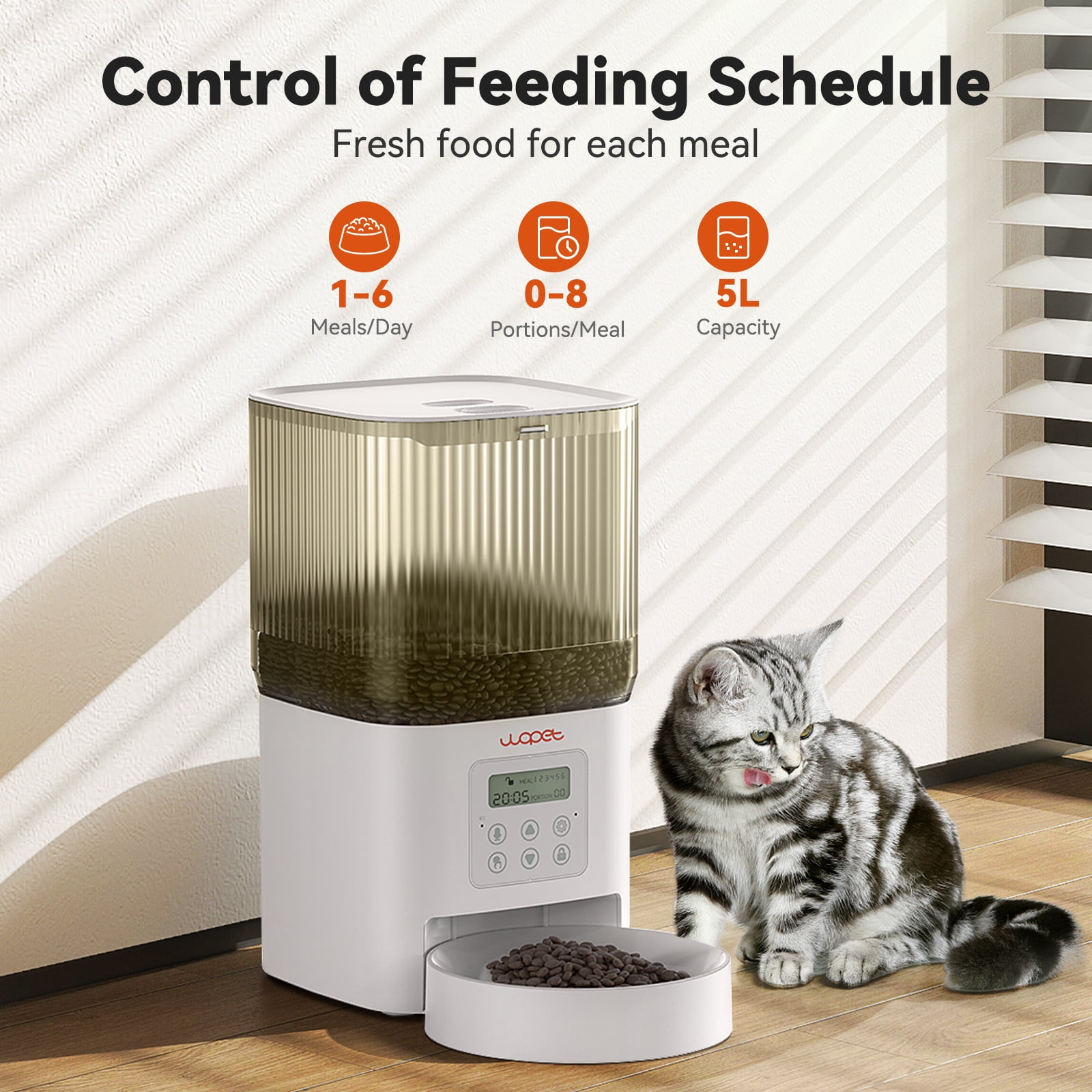 WOPET, Automatic Dog Feeders, Pet Dispenser with Desiccant Bag, Cat Feeders, 5L, White