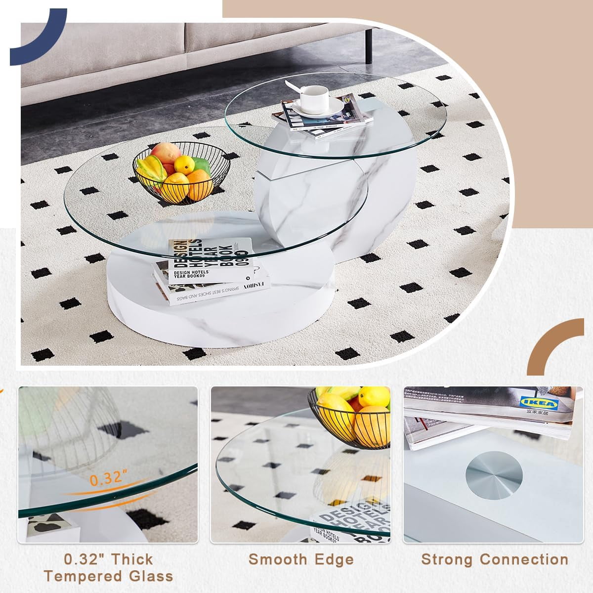 StnTalk 42" Round Coffee Table, 3-Tier Glass Coffee Table with Faux Marble MDF Base, Modern Storage Center Table for Living Room, Small Space, Apartment