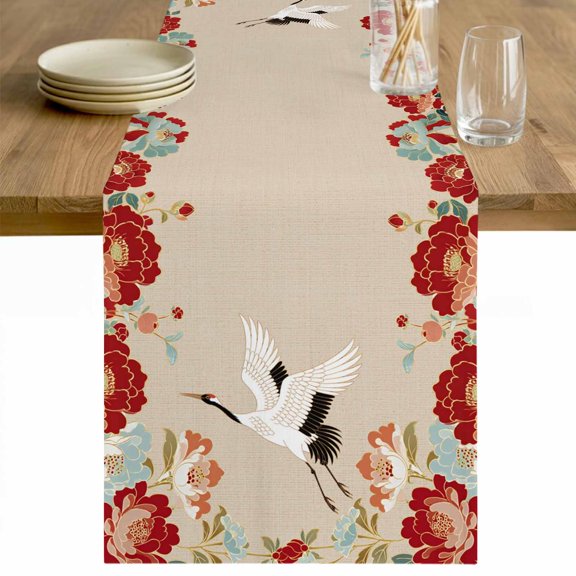 Rustic Crane Table Runner - 108 Inch Long Vintage Red Teal Spring Floral Botanical Cotton and Linen Blended Dress Scarves Farmhouse Table Runner for Kitchen Dining, Coffee Table, 13" x 108"