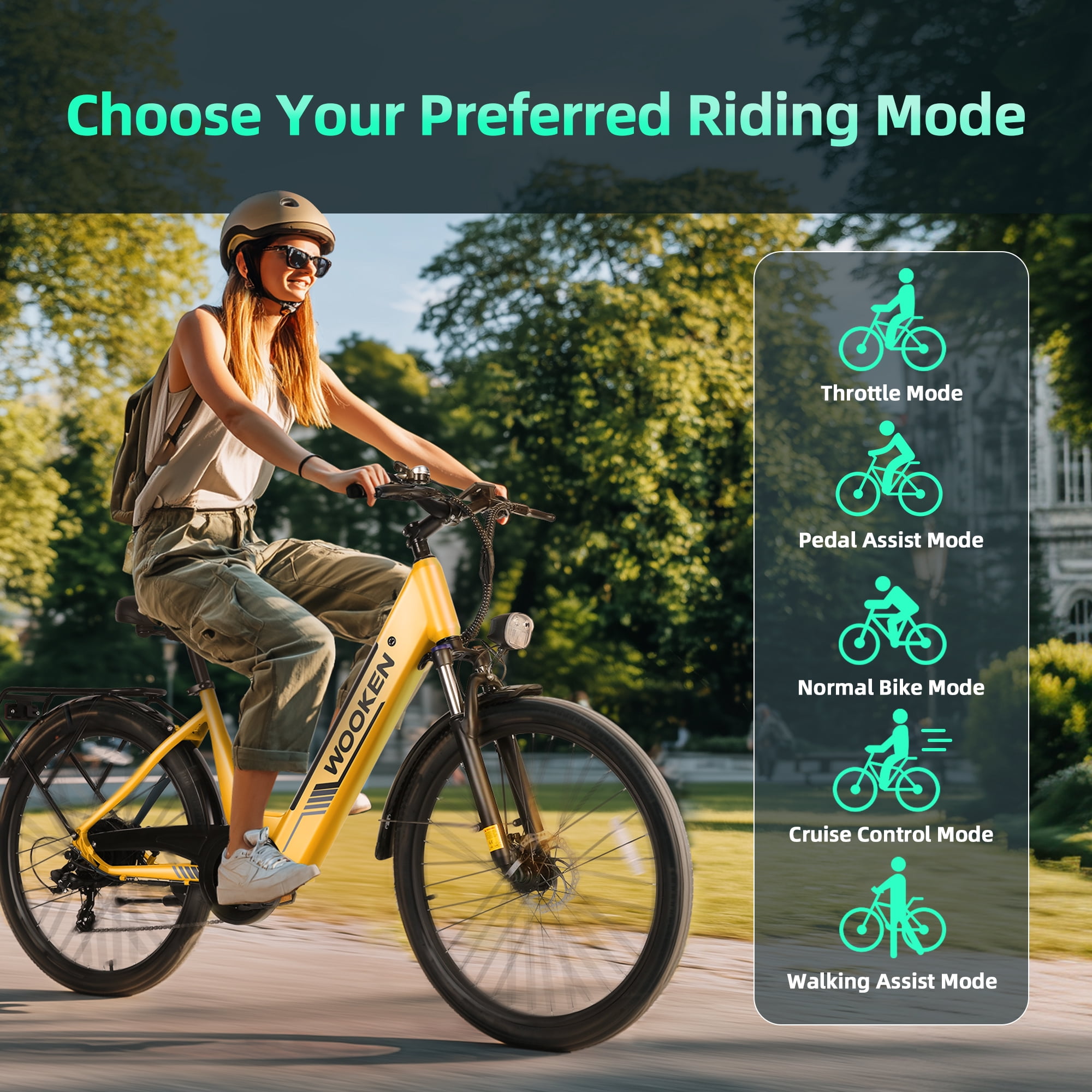 WOOKEN Electric Bike for Adults ,48V 10.4Ah Removable Battery and up to 50Miles 19.8MPH, 26" x 2.1" Electric Commuter Bike with 7-Speed and Front Suspension, UL 2849