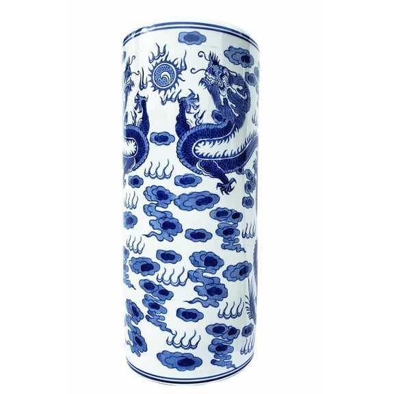 Oriental Porcelain Umbrella Stand with Blue and White Dragon - Oriental Furniture Warehouse