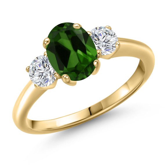 Gem Stone King 1.74 Ct Green Chrome Diopside G/H Lab Grown Diamond 18K Yellow Gold Plated Silver Ring