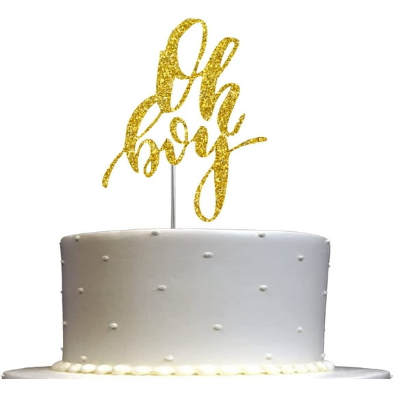 Oh Boy Cake Topper Gold Glitter, Baby Shower Party Decoration, Sturdy Doubled Sided Glitter, Acrylic Stick. Made in USA