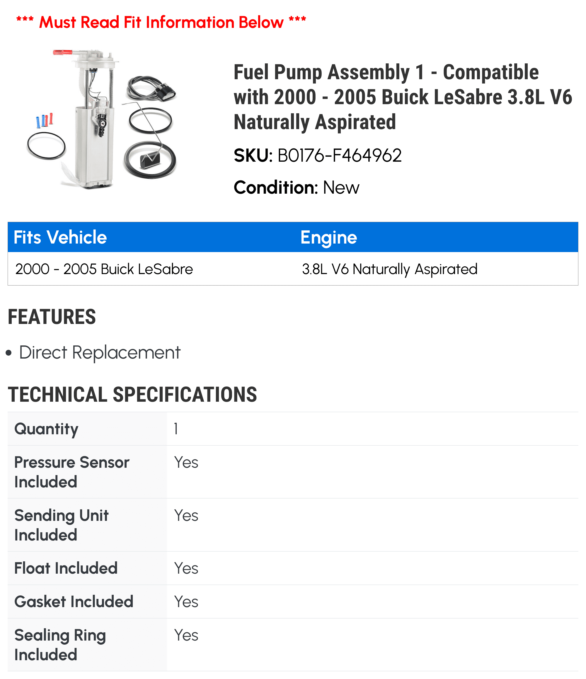 Fuel Pump Assembly 1 - Compatible with 2000 - 2005 Buick LeSabre 3.8L V6 Naturally Aspirated - Autopart Premium