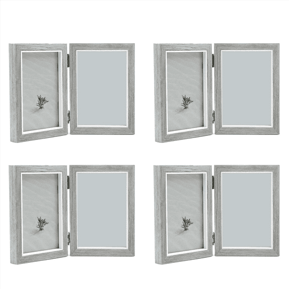 4X Double Picture Frame 4X6in Rustic Grey Photo Frames Wooden Hinged Folding,Wedding Gifts,Mother'S Father'S Day Present,Gray