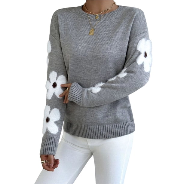 Suéteres de Cuello Redondo, Larga y Hombros Caídos con Estampado Floral para Mujer. Gris XL