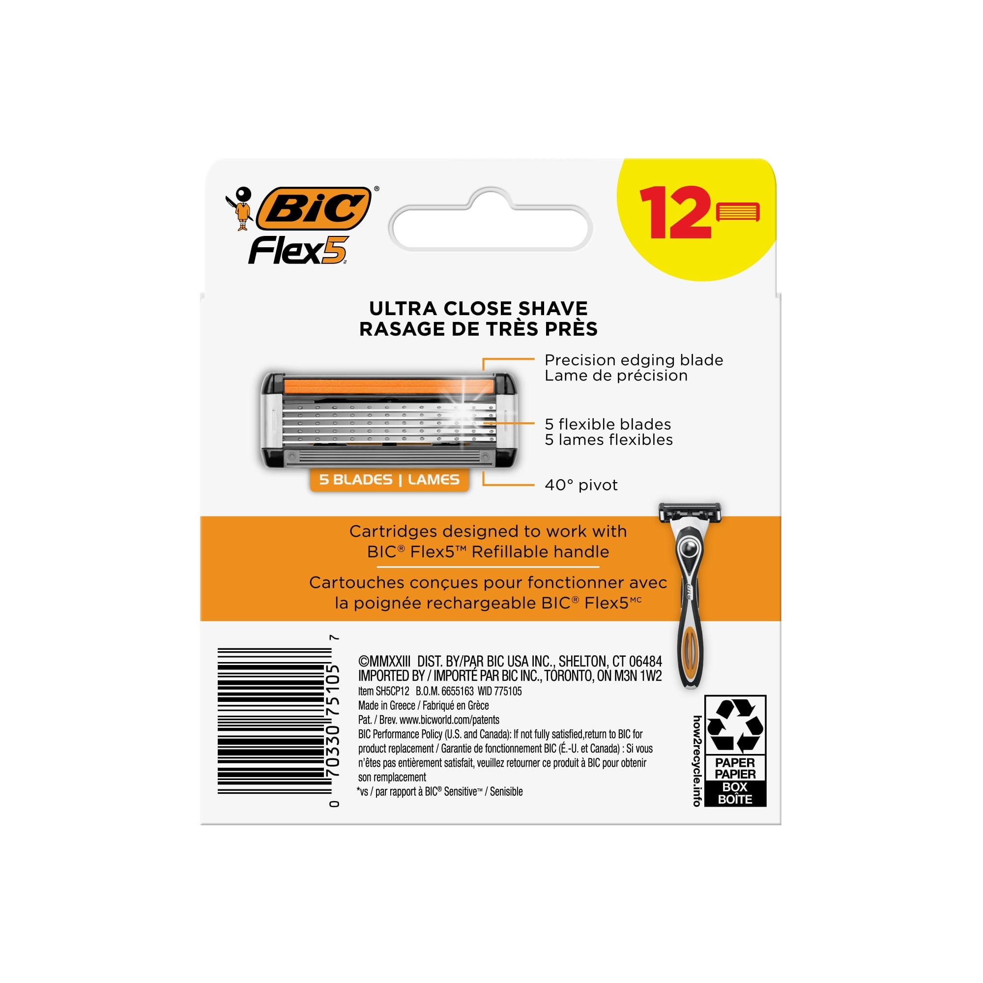 BIC Flex 5 Refillable Razor Cartridges, Men's, 5-Blade, 12 Count