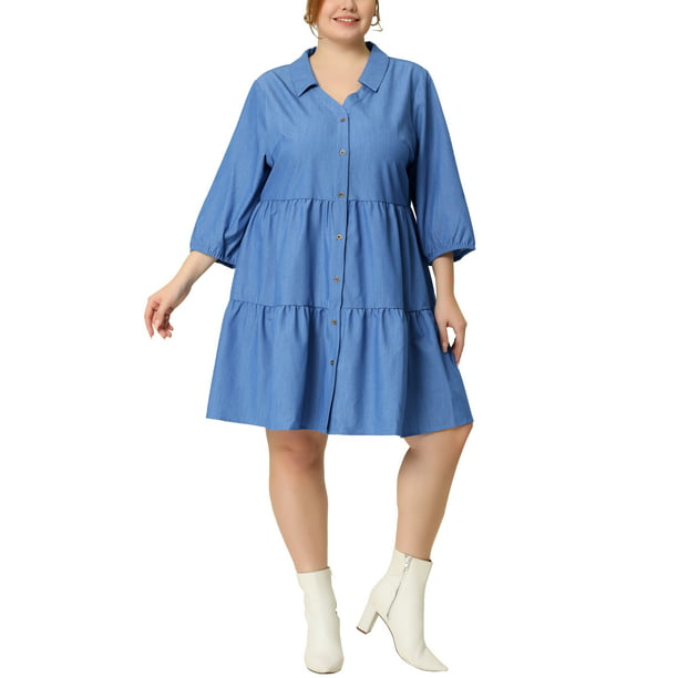 Unique Bargains Women's Plus Size Chambray Turndown Collar Fit and ...
