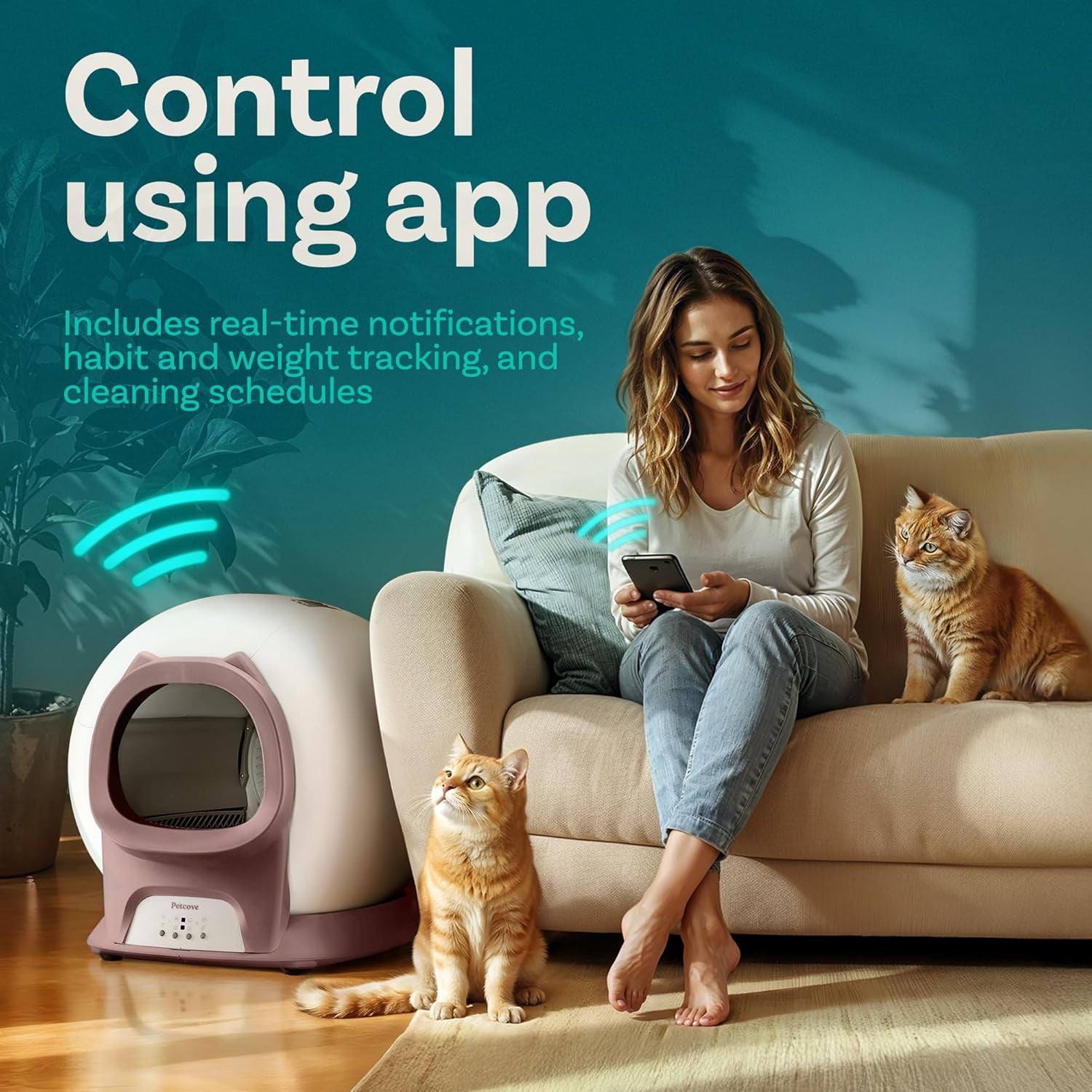 Petcove Automatic Litter Box Self Cleaning for Cats with App Control – Smart Cat Litter Box, Odor Control, for Multiple Cats - Pink