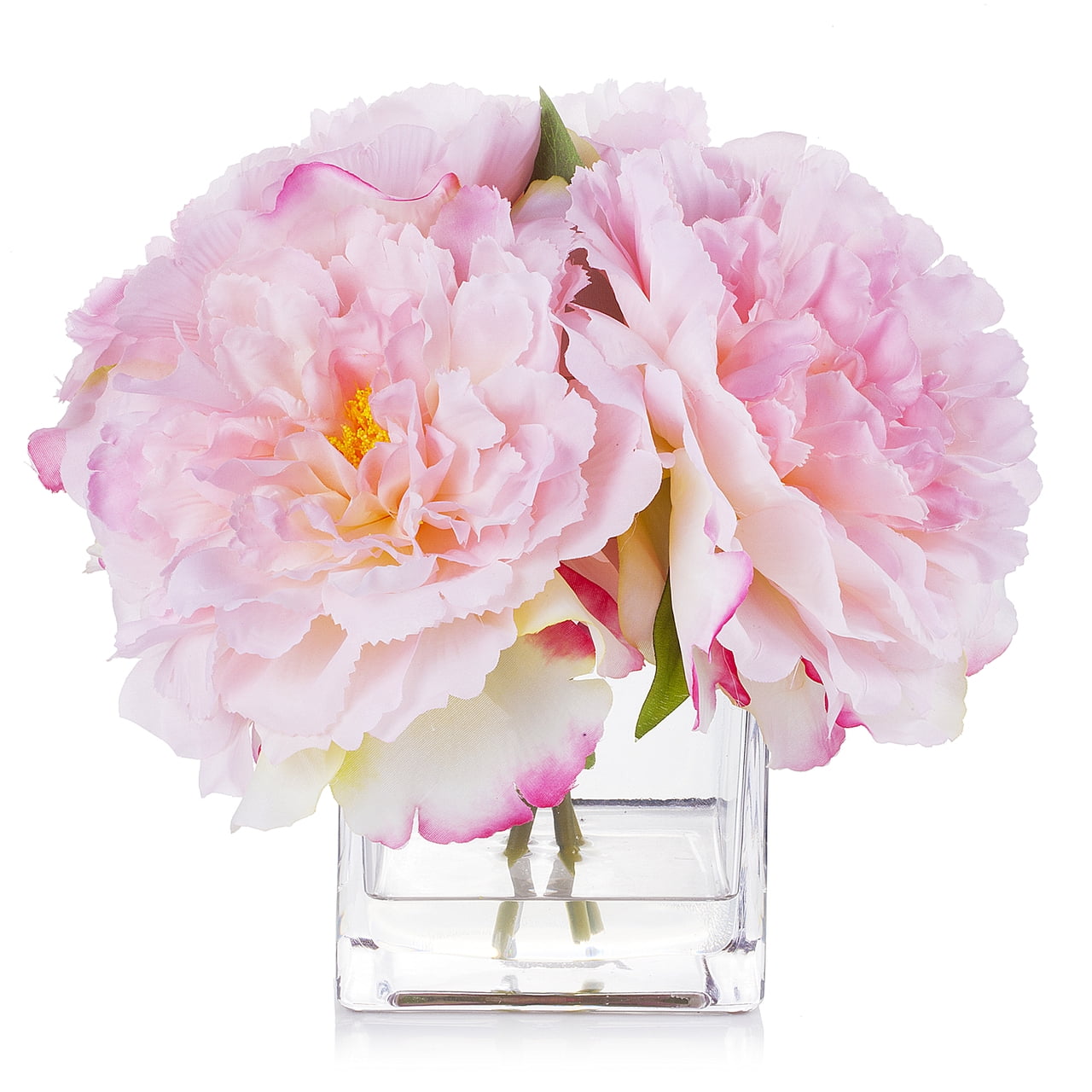 Enova Floral Artificial Flowers Silk Peony Fake Flowers Arrangement in Cube Glass Vase with Faux Water for Home Office Wedding Event Decoration Cream 
